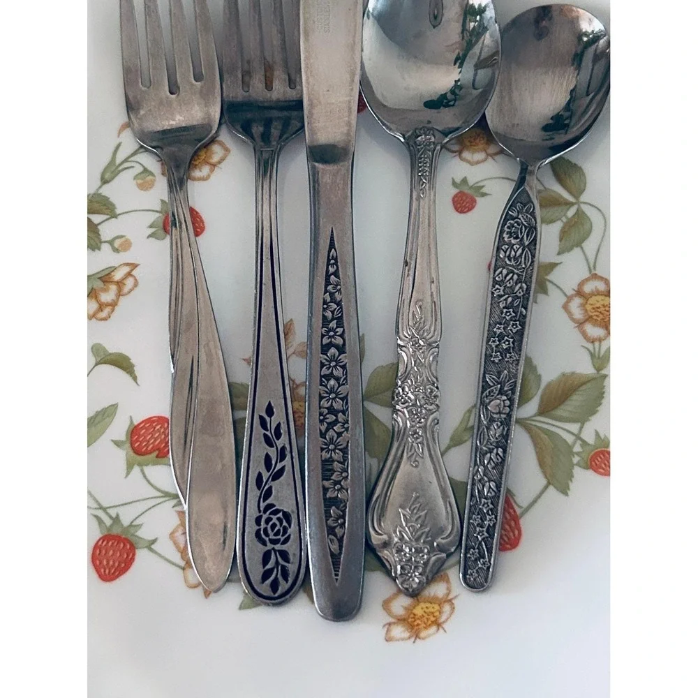 Vintage Mismatched Floral Flatware Set Service for 2 10pc Stainless Steel MCM